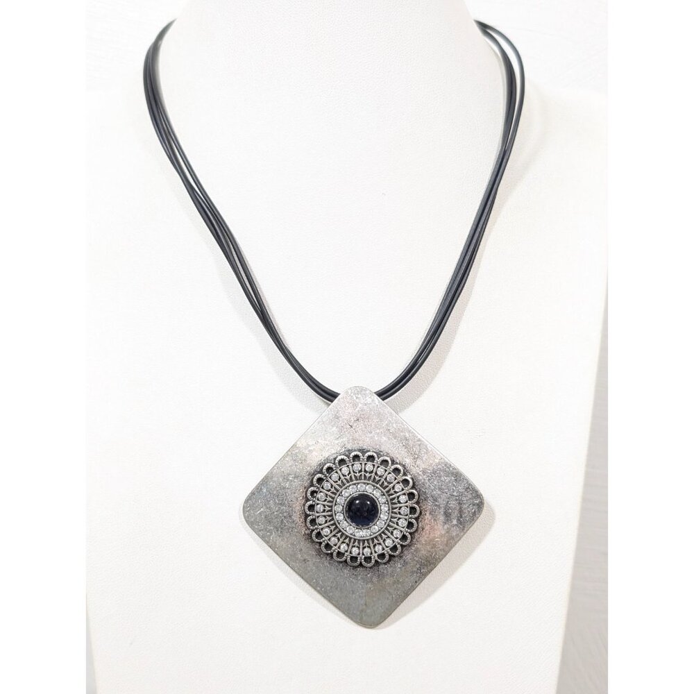 Geometric‎ Blue Glass Cats Eye Square Pendant Cord Necklace Modernist Boho 18 in